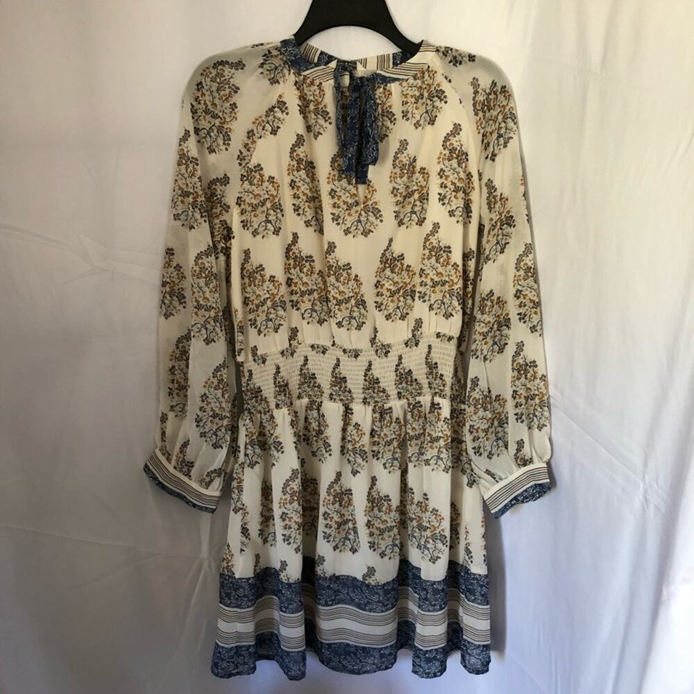 Lucky Brand Georgette Mixed Print Peasant Long Sleeve Dress Ivory Blue Small NEW - Picture 1 of 8